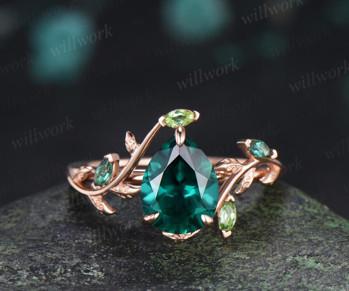 Teardrop pear cut green emerald engagement ring 14k rose gold cluster leaf nature inspired peridot bridal promise wedding ring set women