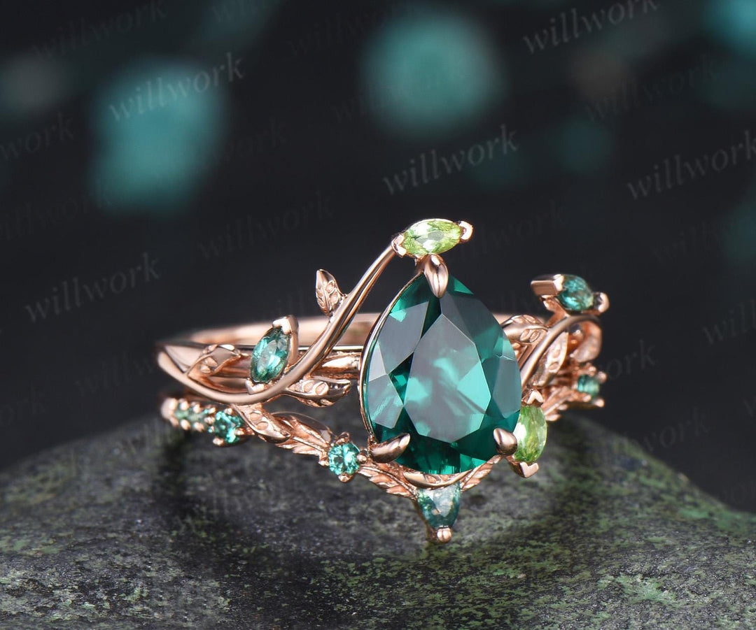 Teardrop pear cut green emerald engagement ring 14k rose gold cluster leaf nature inspired peridot bridal promise wedding ring set women