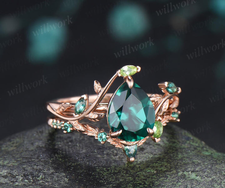 Teardrop pear cut green emerald engagement ring 14k rose gold cluster leaf nature inspired peridot bridal promise wedding ring set women