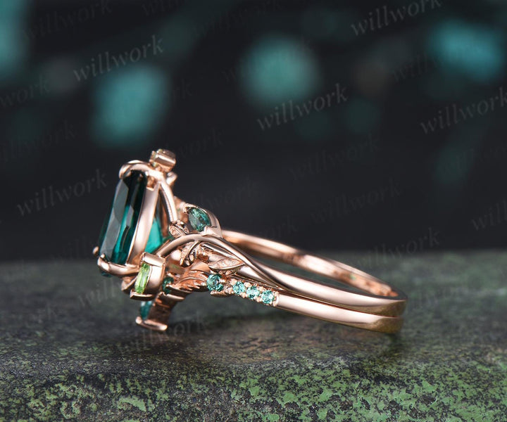 Teardrop pear cut green emerald engagement ring 14k rose gold cluster leaf nature inspired peridot bridal promise wedding ring set women