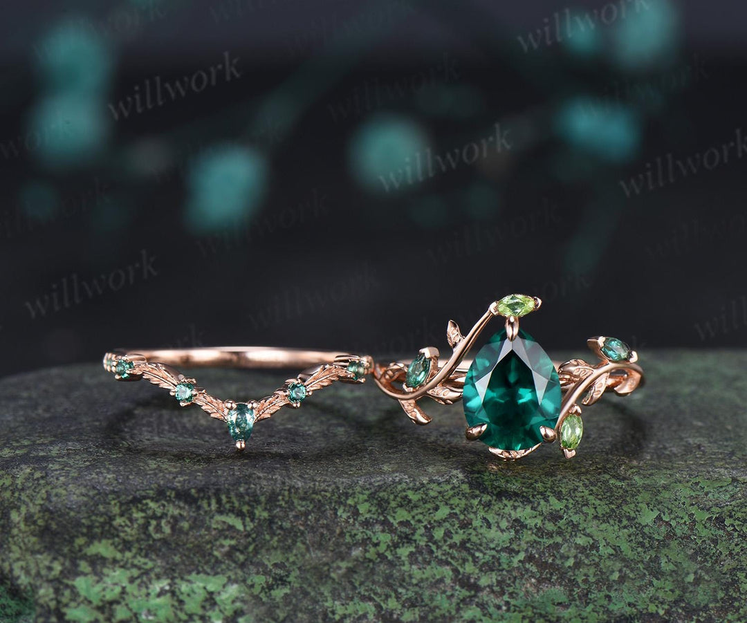 Teardrop pear cut green emerald engagement ring 14k rose gold cluster leaf nature inspired peridot bridal promise wedding ring set women
