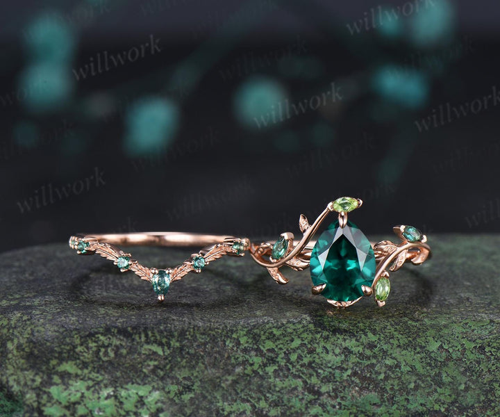 Teardrop pear cut green emerald engagement ring 14k rose gold cluster leaf nature inspired peridot bridal promise wedding ring set women