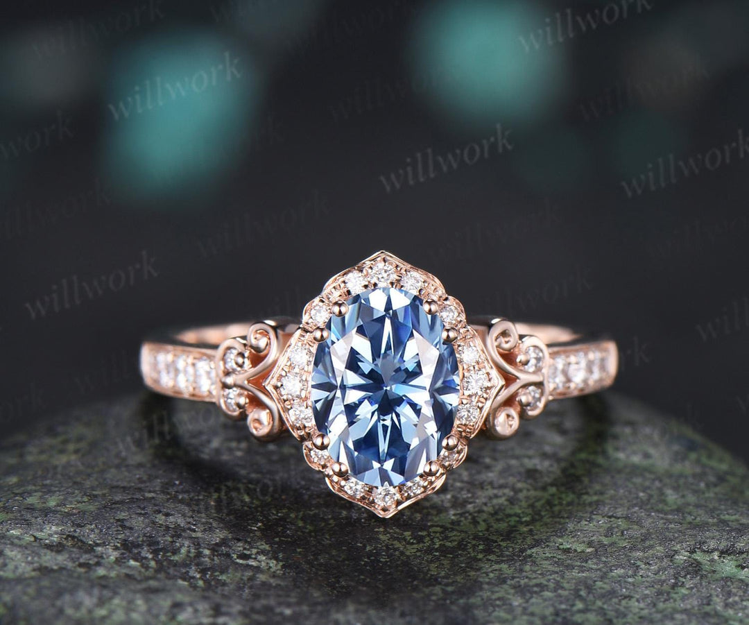 Oval cut blue moissanite engagement ring 14k rose gold halo diamond half eternity vintage wedding promise ring women jewelry