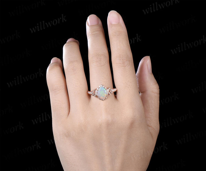 Oval natural opal engagement ring 14k rose gold halo diamond half eternity vintage wedding promise ring women jewelry