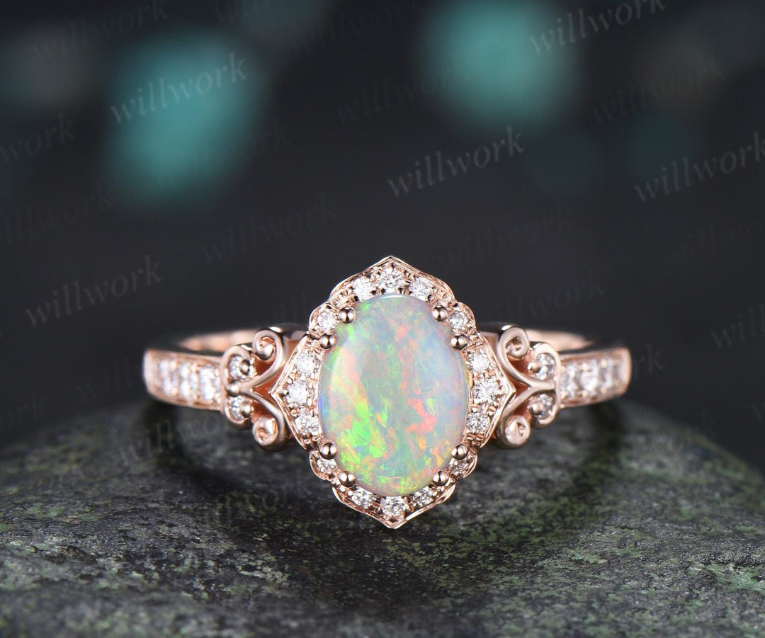 Oval natural opal engagement ring 14k rose gold halo diamond half eternity vintage wedding promise ring women jewelry