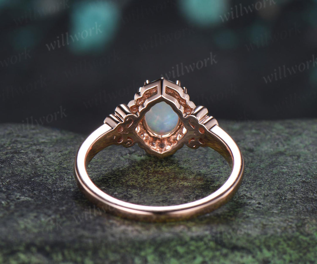 Oval natural opal engagement ring 14k rose gold halo diamond half eternity vintage wedding promise ring women jewelry