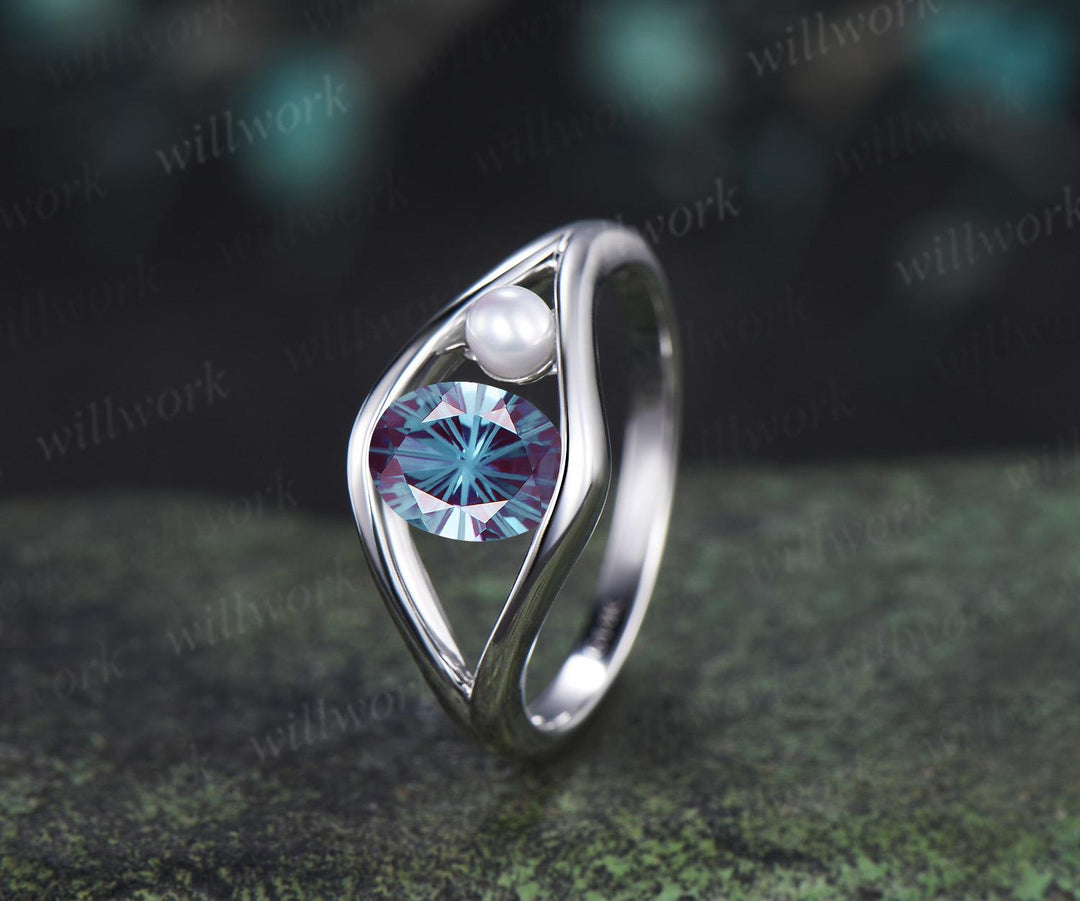 Oval fireworks cut alexandrite pearl engagement ring solid 14k white gold split shank two stone wedding promise ring women jewelry