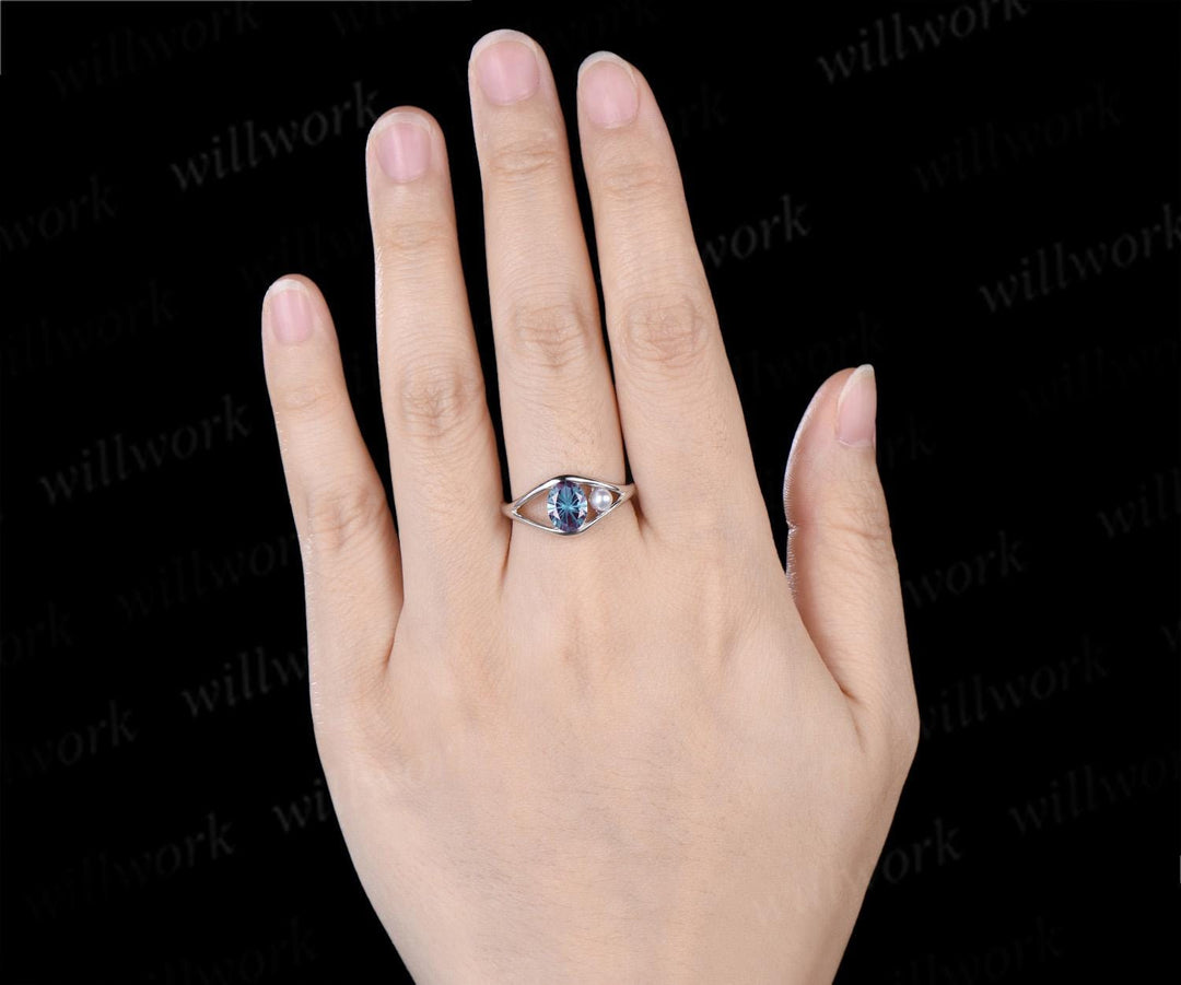 Oval fireworks cut alexandrite pearl engagement ring solid 14k white gold split shank two stone wedding promise ring women jewelry