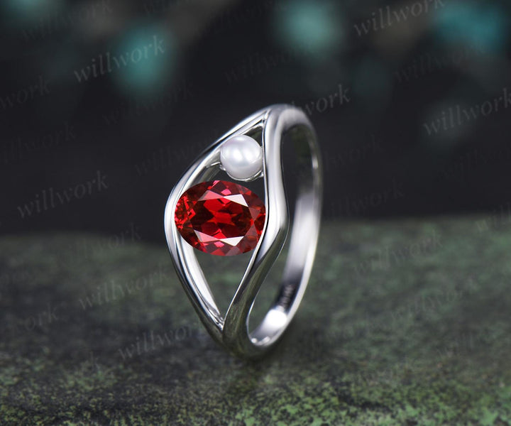 Oval cut red ruby pearl engagement ring solid 14k white gold split shank two stone wedding promise ring women jewelry