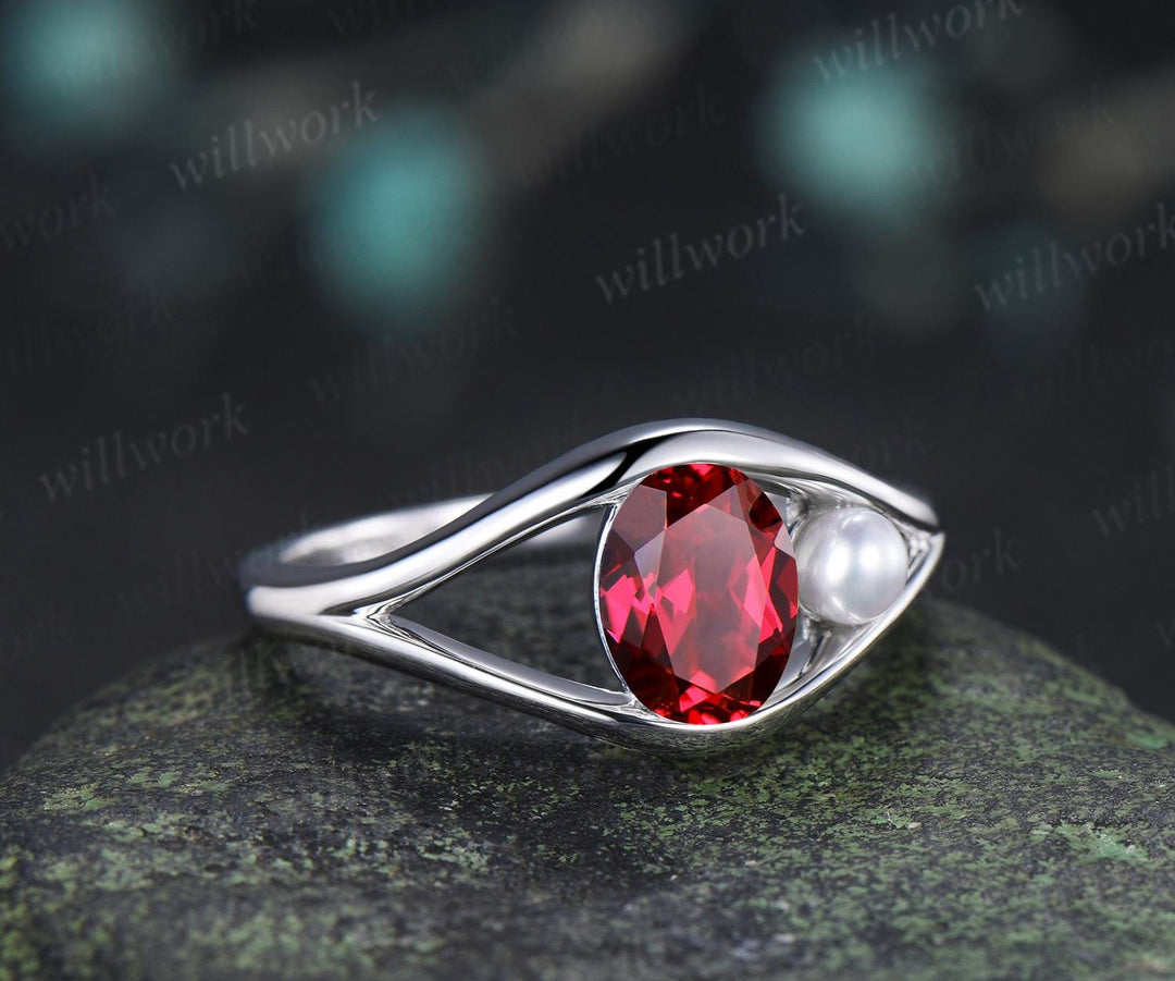 Oval cut red ruby pearl engagement ring solid 14k white gold split shank two stone wedding promise ring women jewelry
