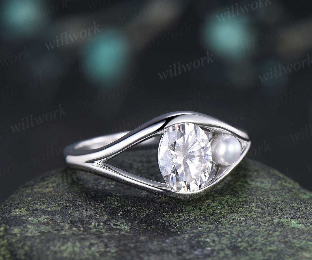 Toi et moi oval cut moissanite pearl engagement ring solid 14k white gold two stone split shank wedding promise ring women jewelry