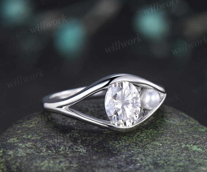 Toi et moi oval cut moissanite pearl engagement ring solid 14k white gold two stone split shank wedding promise ring women jewelry