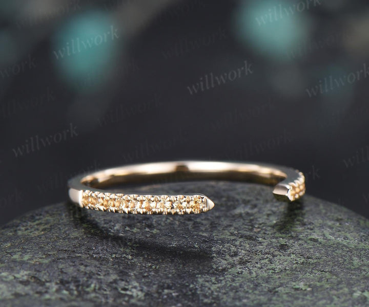 Open gap yellow citrine wedding band solid 14k yellow gold half eternity stacking matching dainty anniversary ring women