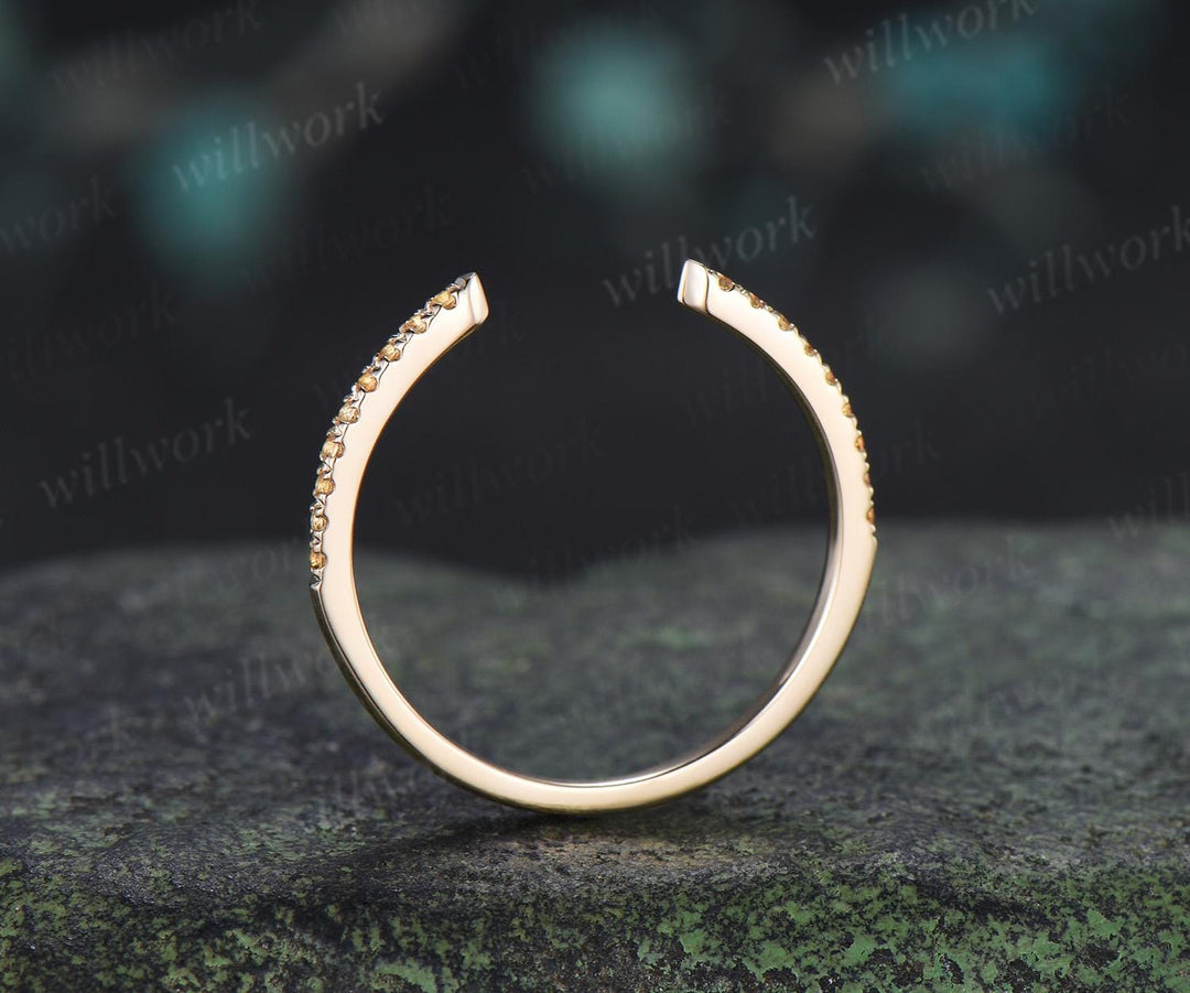 Open gap yellow citrine wedding band solid 14k yellow gold half eternity stacking matching dainty anniversary ring women