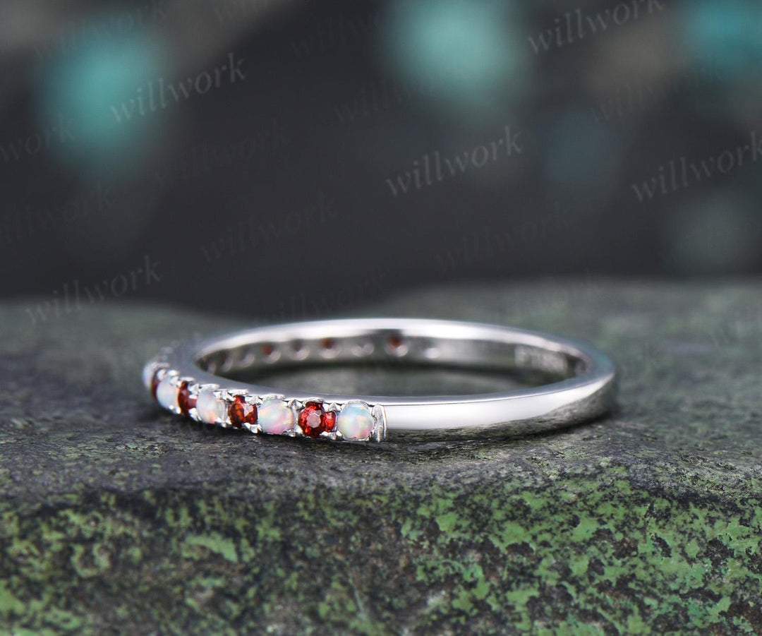 Half eternity opal garnet wedding band solid 14k white gold minimalist unique anniversary ring women gift 925 sterling silver