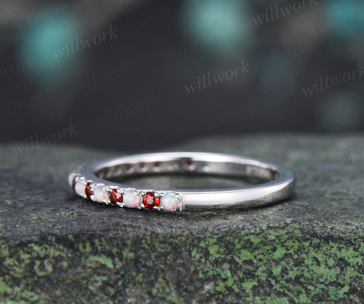 Half eternity opal garnet wedding band solid 14k white gold minimalist unique anniversary ring women gift 925 sterling silver