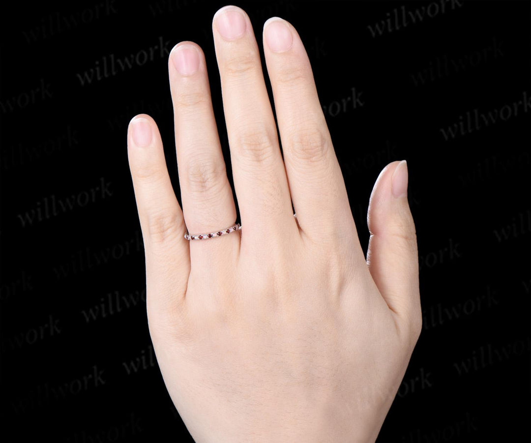 Half eternity opal garnet wedding band solid 14k white gold minimalist unique anniversary ring women gift 925 sterling silver