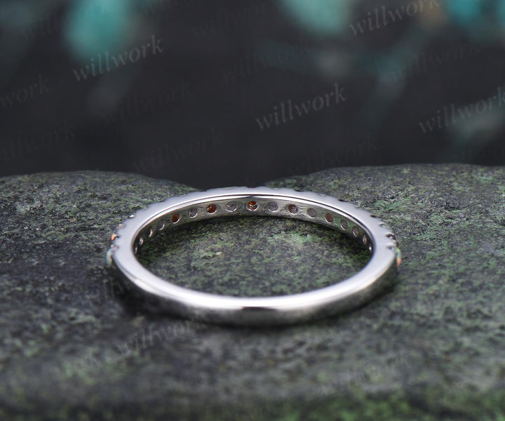 Half eternity opal garnet wedding band solid 14k white gold minimalist unique anniversary ring women gift 925 sterling silver