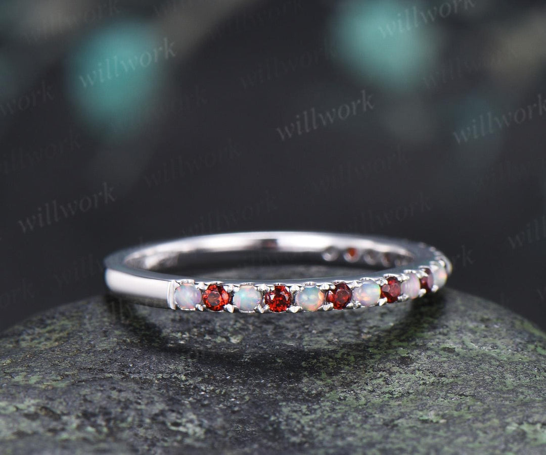 Half eternity opal garnet wedding band solid 14k white gold minimalist unique anniversary ring women gift 925 sterling silver