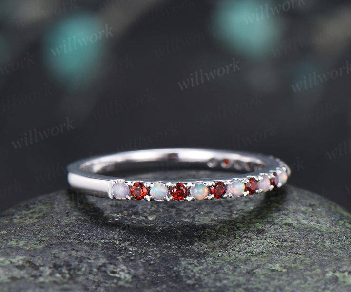 Half eternity opal garnet wedding band solid 14k white gold minimalist unique anniversary ring women gift 925 sterling silver