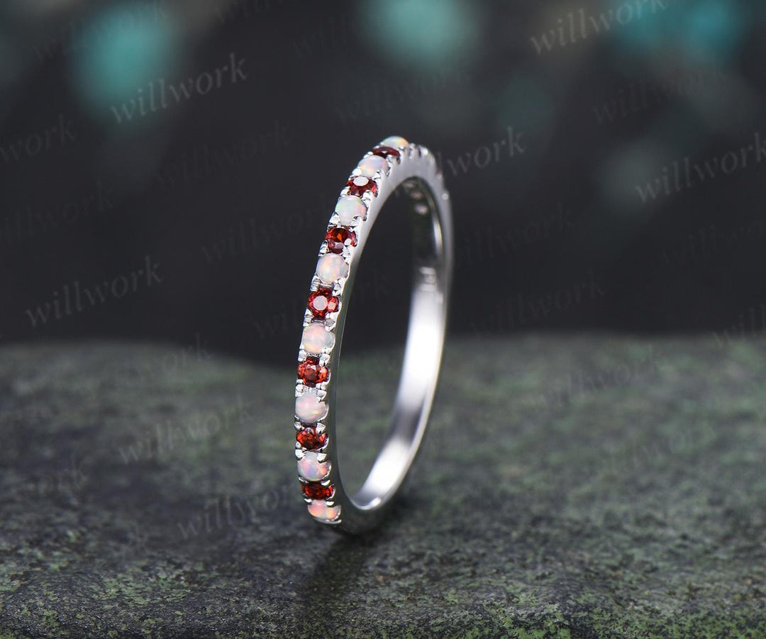 Half eternity opal garnet wedding band solid 14k white gold minimalist unique anniversary ring women gift 925 sterling silver