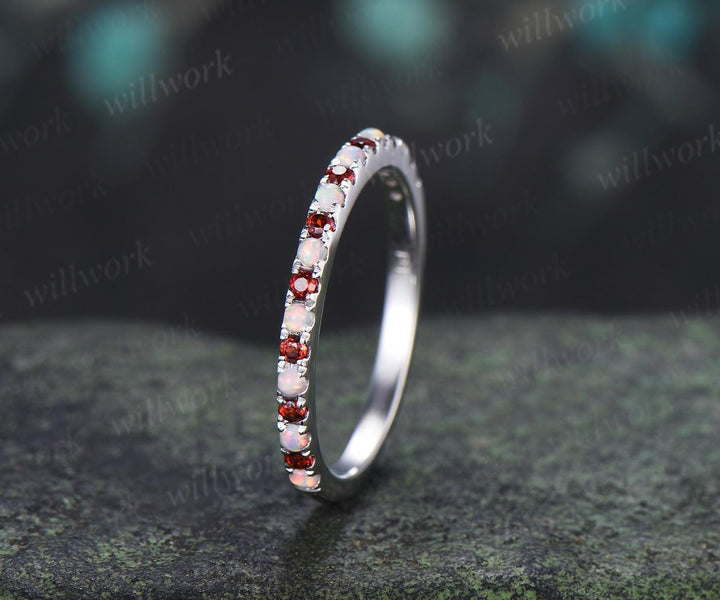 Half eternity opal garnet wedding band solid 14k white gold minimalist unique anniversary ring women gift 925 sterling silver