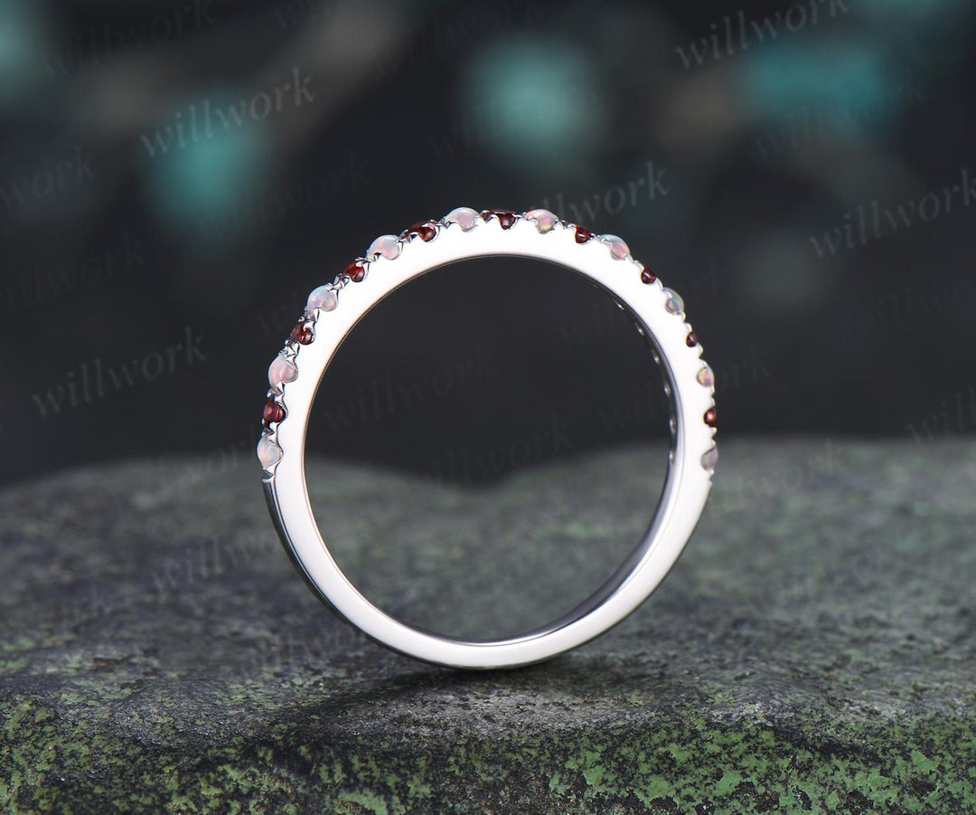 Half eternity opal garnet wedding band solid 14k white gold minimalist unique anniversary ring women gift 925 sterling silver