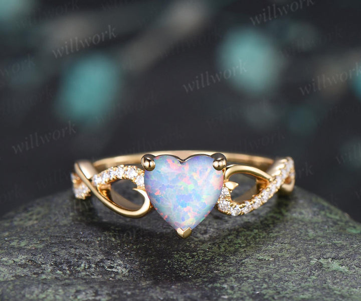 Heart white opal engagement ring 14k yellow gold half eternity infinity diamond anniversary promise wedding ring women gift