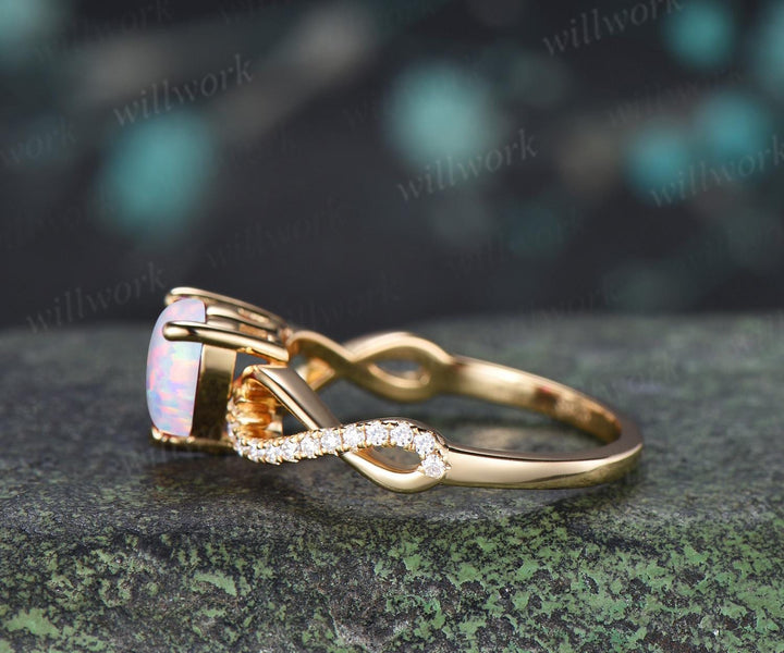 Heart white opal engagement ring 14k yellow gold half eternity infinity diamond anniversary promise wedding ring women gift