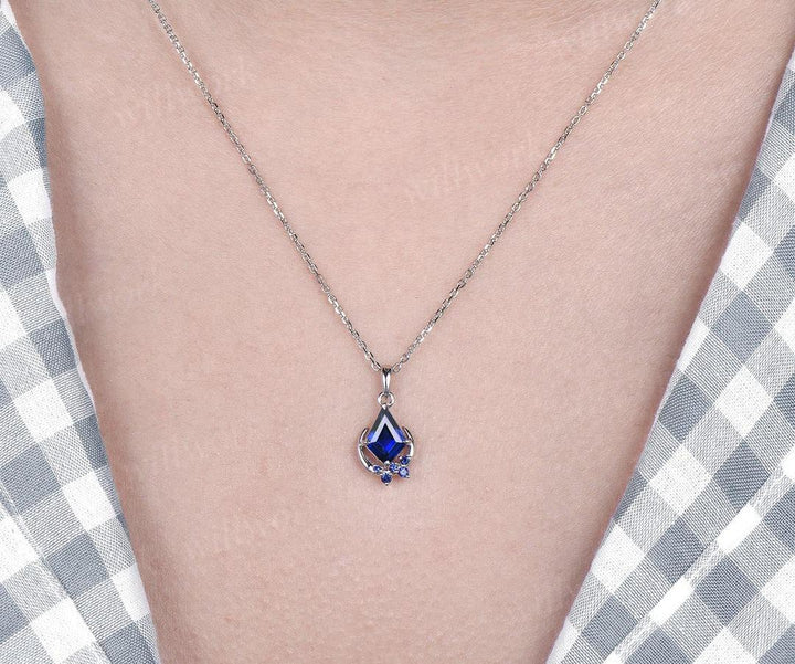 Kite cut blue sapphire moon earrings necklace set solid 9k 14k white gold bezel halo moissanite unique pendant Women anniversary gift