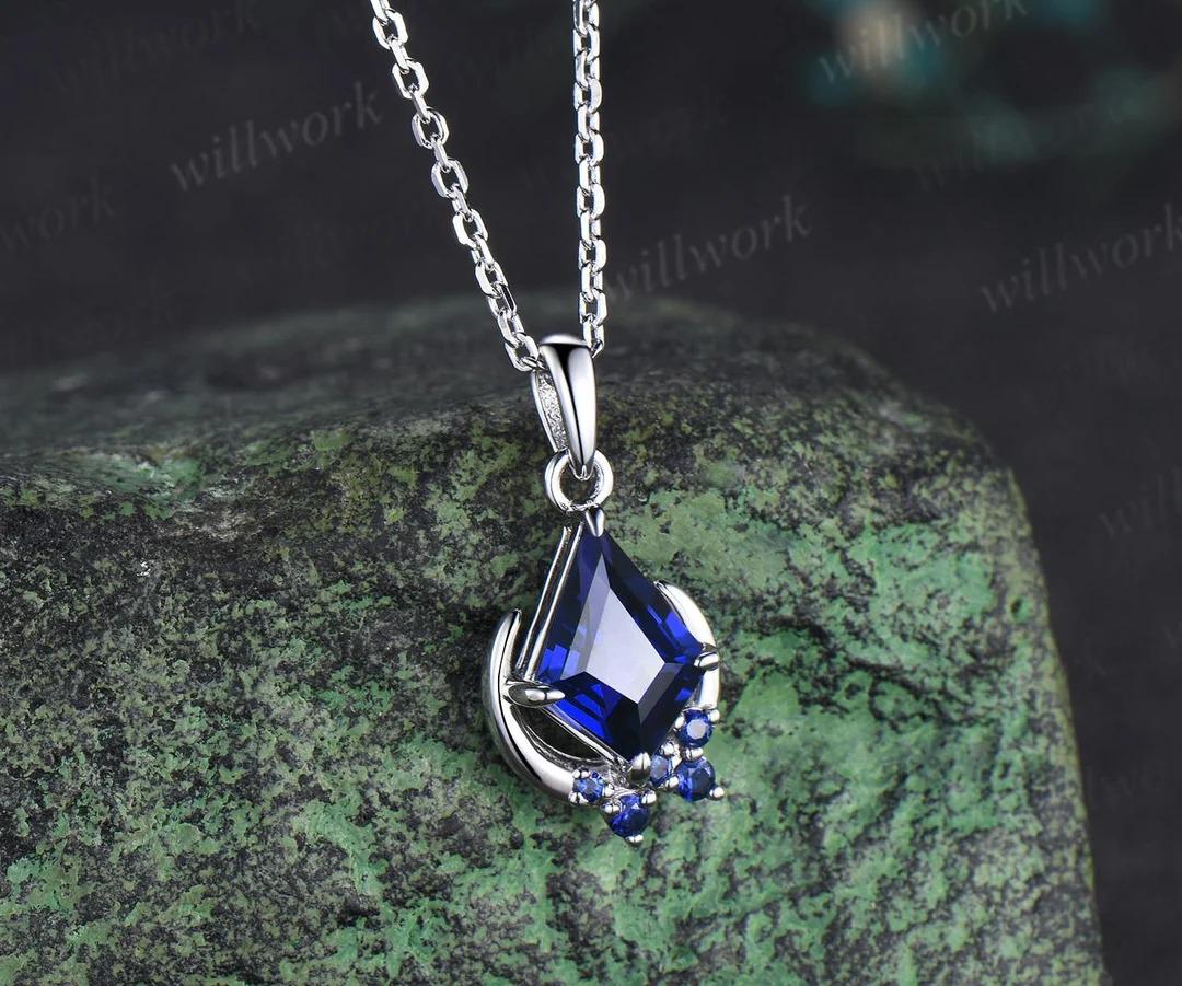 Kite cut blue sapphire moon earrings necklace set solid 9k 14k white gold bezel halo moissanite unique pendant Women anniversary gift