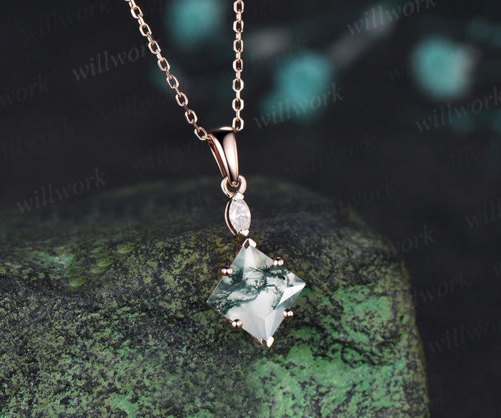 Princess cut moss agate necklace 14k rose gold two stone marquise moissanite pendant women her green gemstone anniversary bridal gift mother