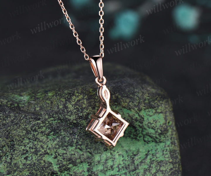 Princess cut morganite necklace 14k rose gold two stone marquise moissanite pendant women her pink gemstone anniversary bridal gift mother