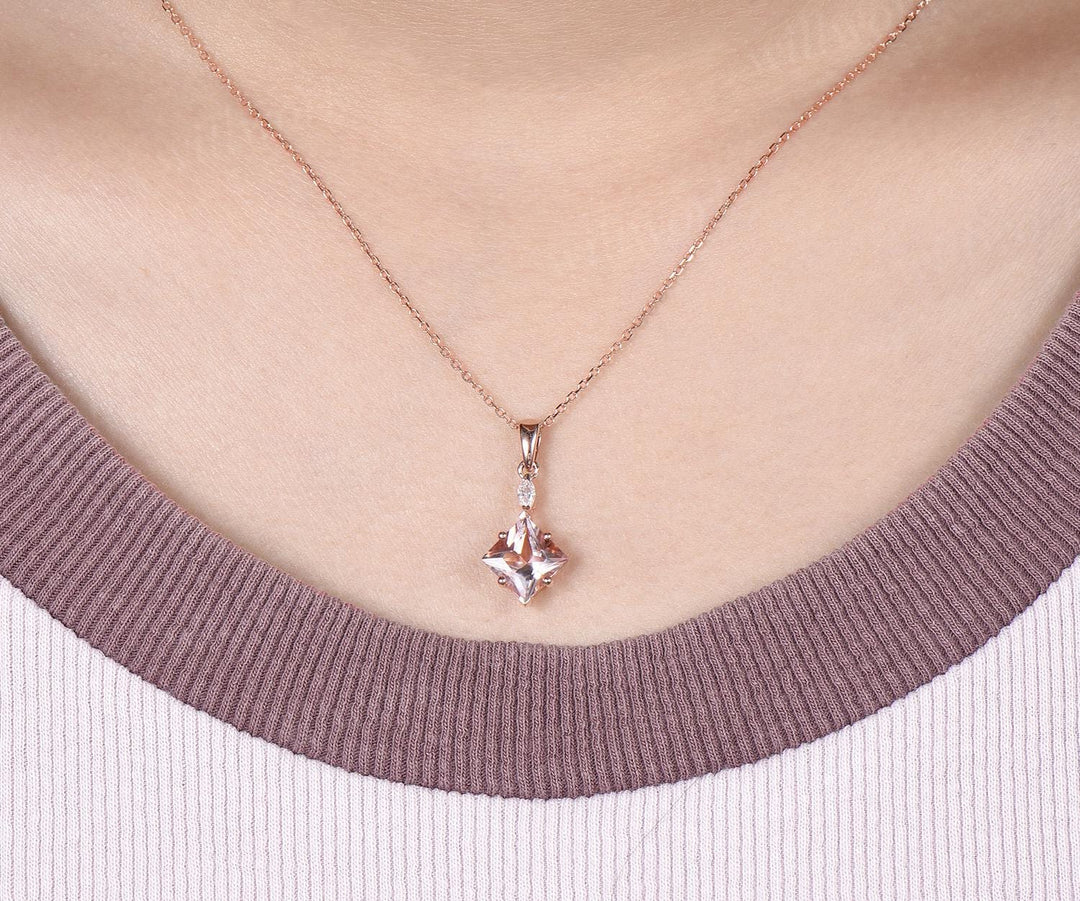 Princess cut morganite necklace 14k rose gold two stone marquise moissanite pendant women her pink gemstone anniversary bridal gift mother
