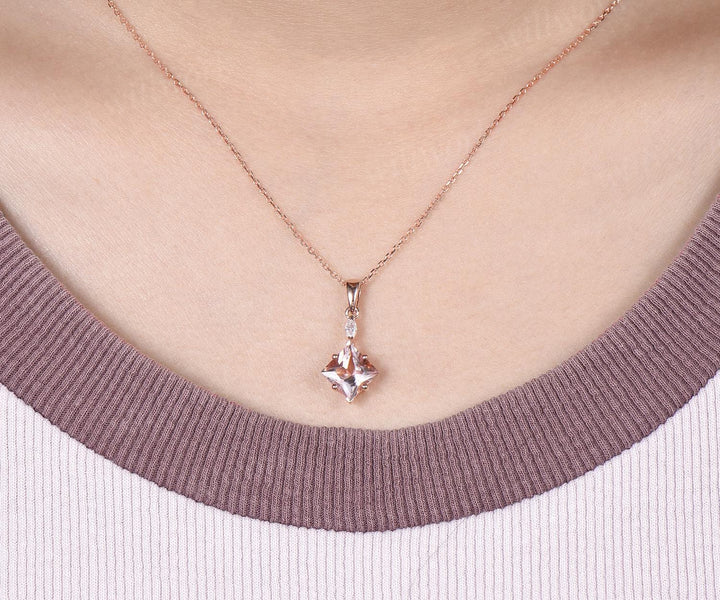 Princess cut morganite necklace 14k rose gold two stone marquise moissanite pendant women her pink gemstone anniversary bridal gift mother