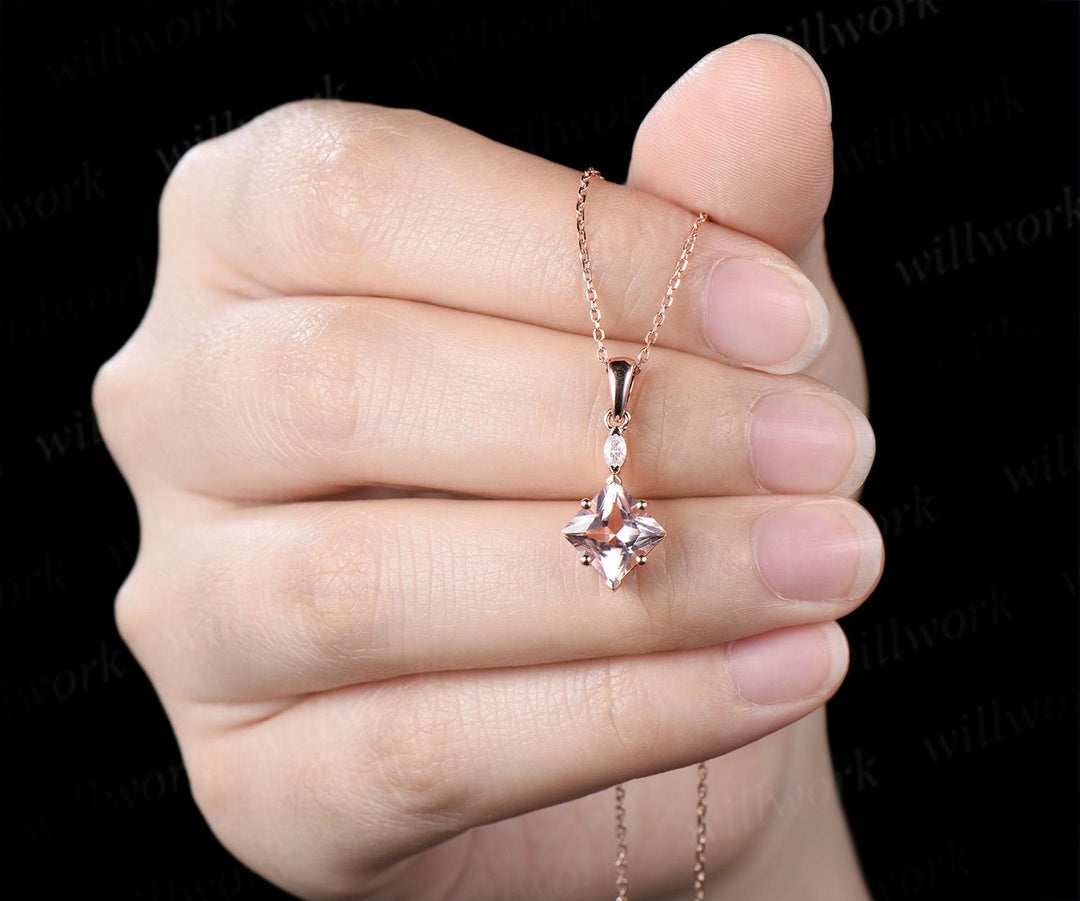Princess cut morganite necklace 14k rose gold two stone marquise moissanite pendant women her pink gemstone anniversary bridal gift mother