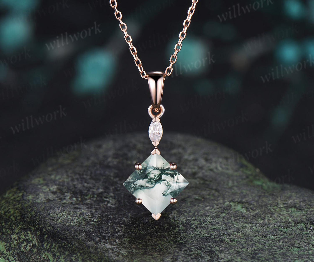 Princess cut moss agate necklace 14k rose gold two stone marquise moissanite pendant women her green gemstone anniversary bridal gift mother