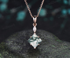 Princess cut moss agate necklace 14k rose gold two stone marquise moissanite pendant women her green gemstone anniversary bridal gift mother