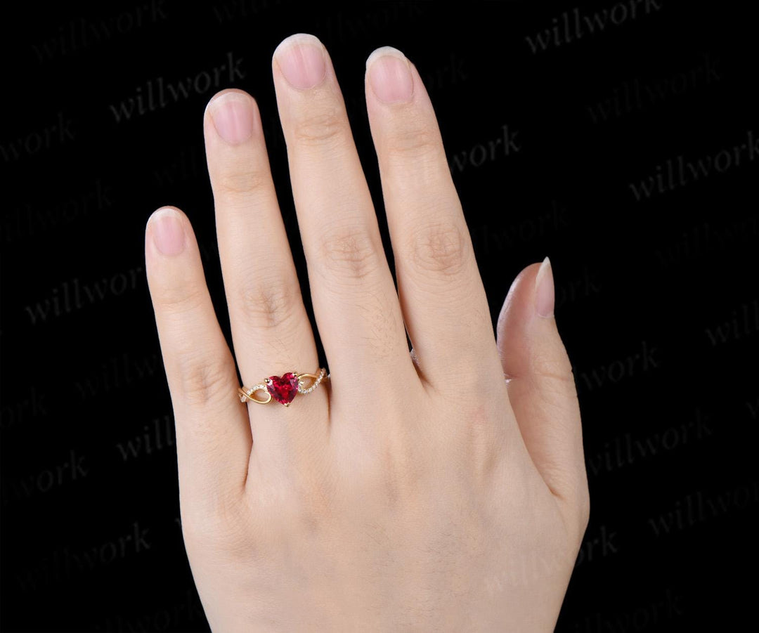 Heart cut red ruby engagement ring 14k yellow gold half eternity infinity diamond anniversary promise wedding ring women gift