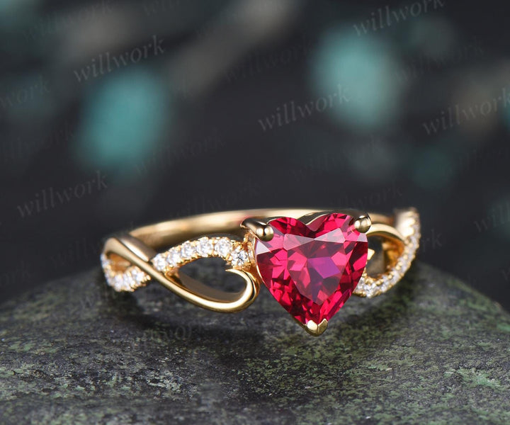 Heart cut red ruby engagement ring 14k yellow gold half eternity infinity diamond anniversary promise wedding ring women gift