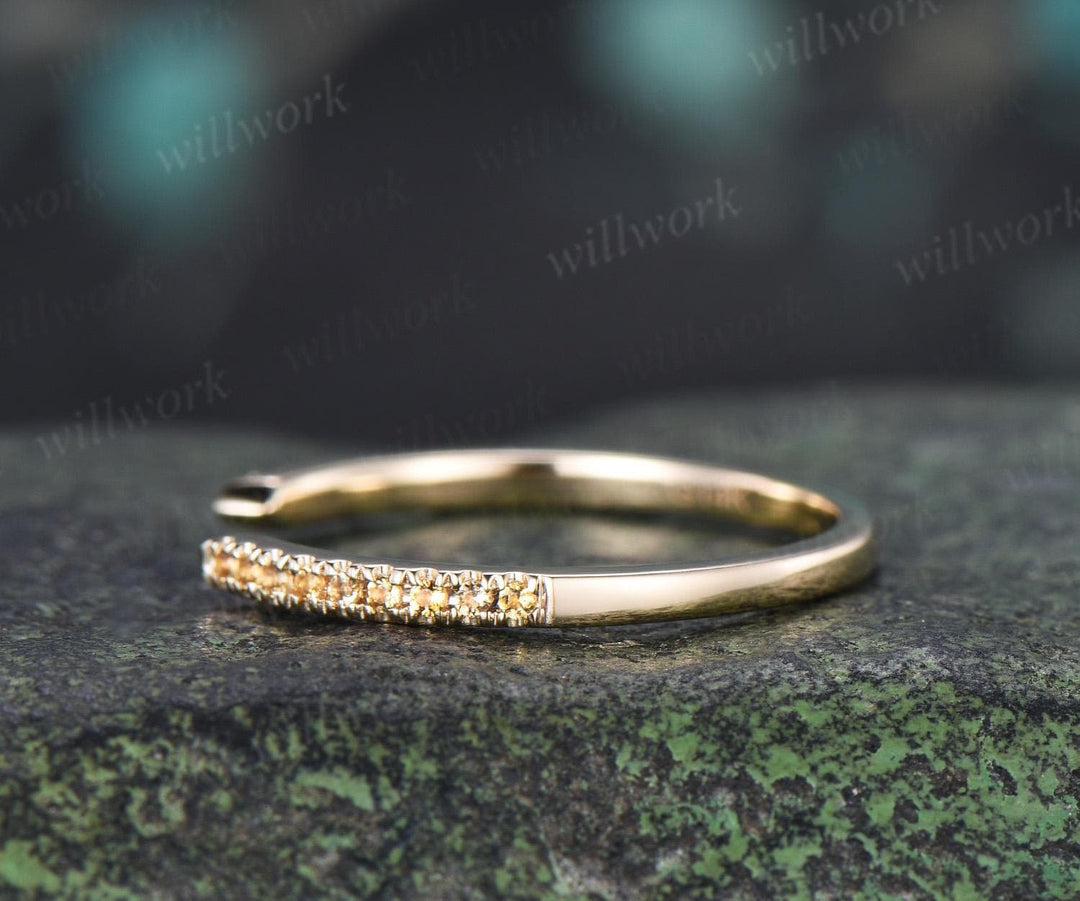 Open gap yellow citrine wedding band solid 14k yellow gold half eternity stacking matching dainty anniversary ring women