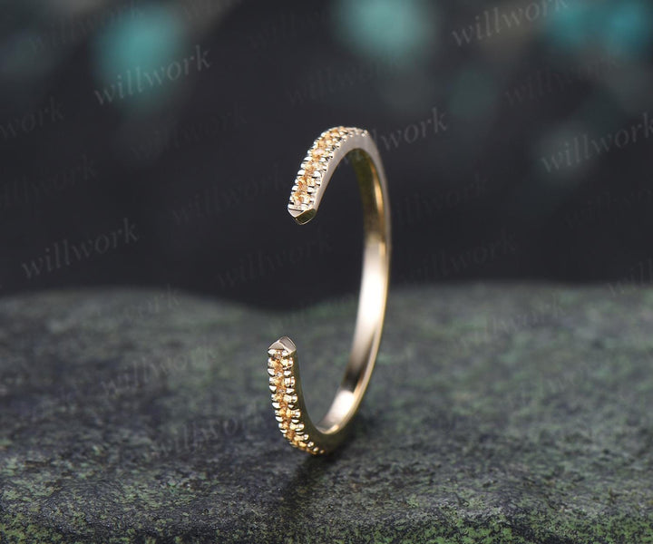 Open gap yellow citrine wedding band solid 14k yellow gold half eternity stacking matching dainty anniversary ring women