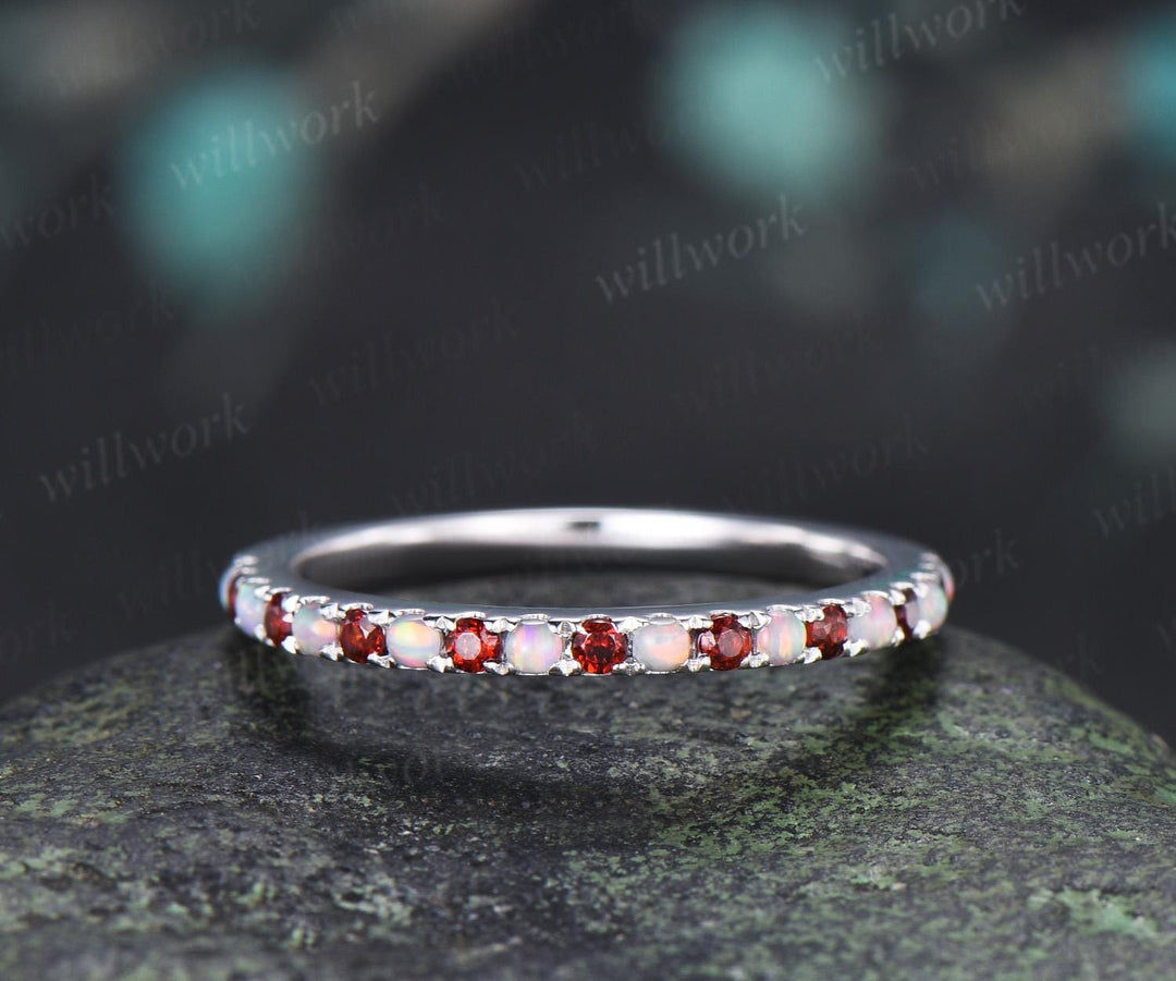 Half eternity opal garnet wedding band solid 14k white gold minimalist unique anniversary ring women gift 925 sterling silver