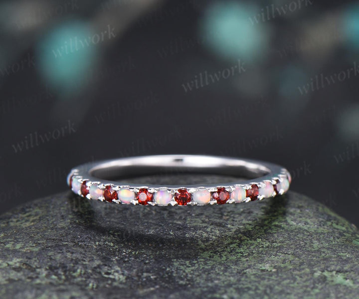 Half eternity opal garnet wedding band solid 14k white gold minimalist unique anniversary ring women gift 925 sterling silver
