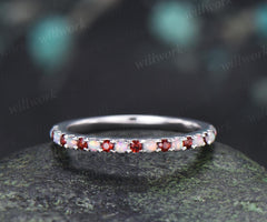 Half eternity opal garnet wedding band solid 14k white gold minimalist unique anniversary ring women gift 925 sterling silver