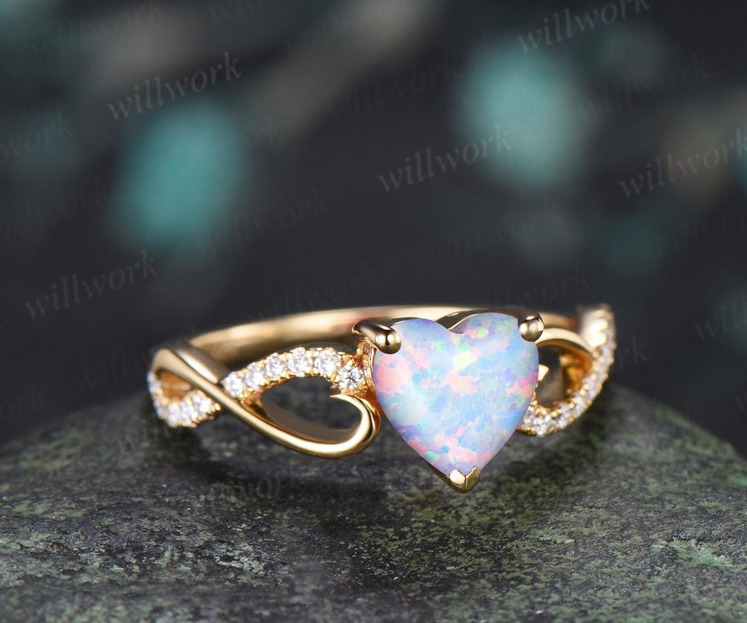 Heart white opal engagement ring 14k yellow gold half eternity infinity diamond anniversary promise wedding ring women gift