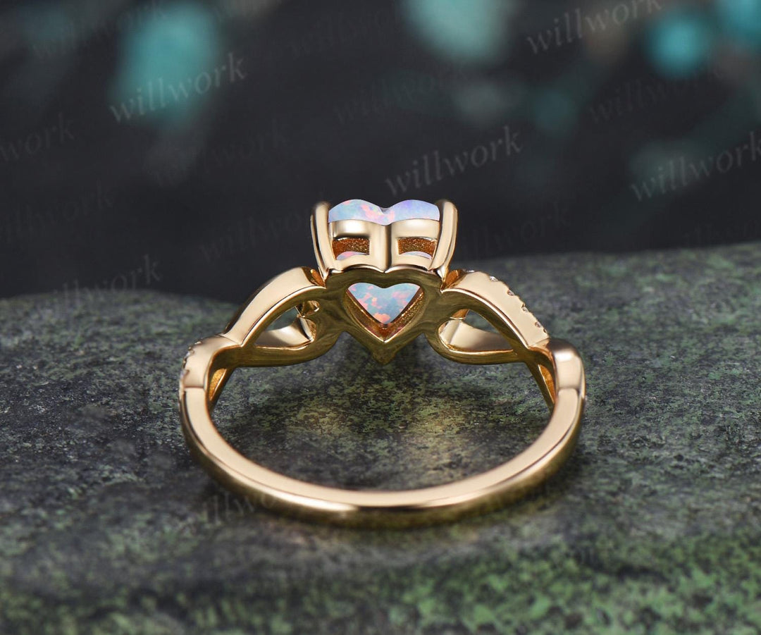 Heart white opal engagement ring 14k yellow gold half eternity infinity diamond anniversary promise wedding ring women gift