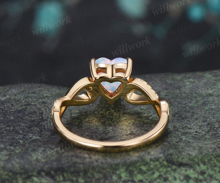 Heart white opal engagement ring 14k yellow gold half eternity infinity diamond anniversary promise wedding ring women gift