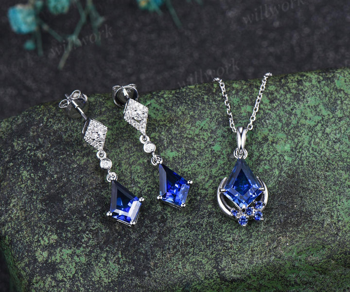 Kite cut blue sapphire moon earrings necklace set solid 9k 14k white gold bezel halo moissanite unique pendant Women anniversary gift