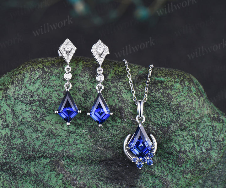 Kite cut blue sapphire moon earrings necklace set solid 9k 14k white gold bezel halo moissanite unique pendant Women anniversary gift